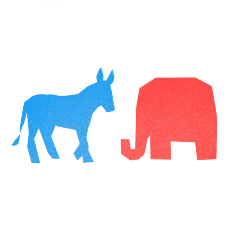 Illustration of donkey and elephant.
