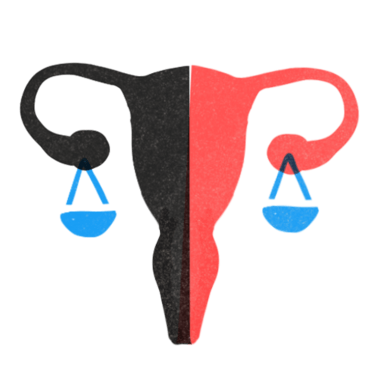 Illustration of a uterus holding the scales of justice.