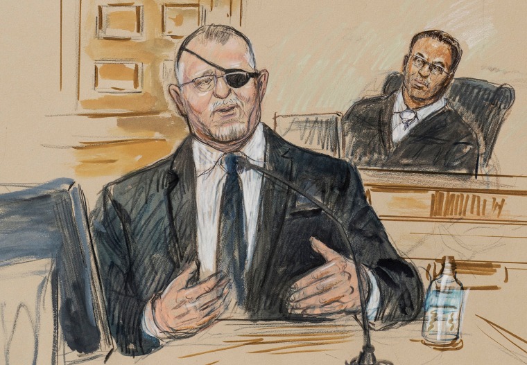 Image: A courtroom sketch depicts the trial of Oath Keepers leader Stewart Rhodes as he testifies before U.S. District Judge Amit Mehta. 