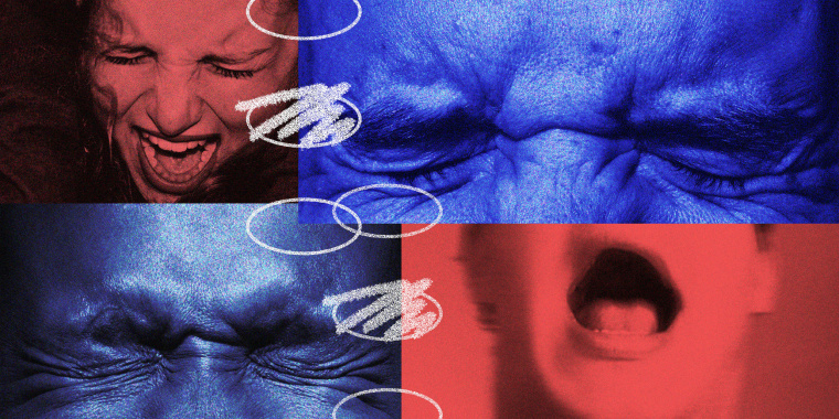 A collage of screaming people with people closing their eyes overlaid with ballot bubbles