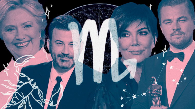 Hillary Clinton, Jimmy Kimmel, Kris Jenner, and Leonardo DiCaprio surrounded by symbols related to the scorpio zodiac sign.