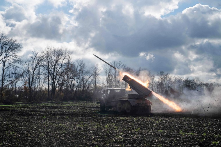 A Ukrainian rocket launcher fires toward Russian positions in the Kharkiv region on Nov. 3, 2022. 