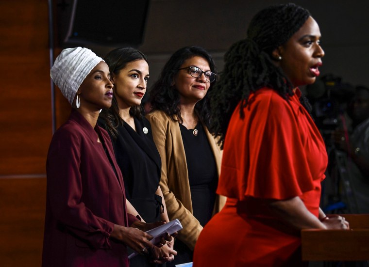 Reps Ayanna Pressley, D-Mass., speaks as, Ilhan Abdullahi Omar D-Minn., Rashida Tlaib D-Mich., and Alexandria Ocasio-Cortez D-N.Y., hold a press conference at the Capitol in 2019.