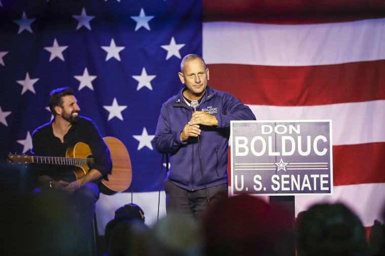 Image: New Hampshire Republican Senate candidate Don Bolduc greets the crowd before results are announced during an election night campaign gathering on Nov. 8, 2022, in Manchester, N.H.