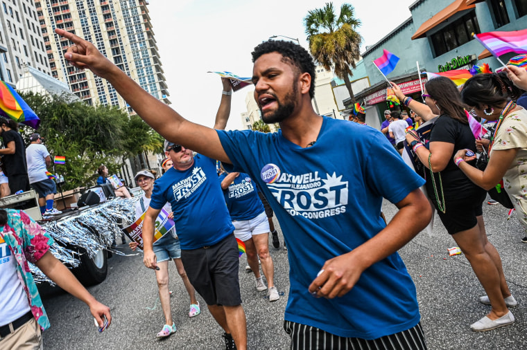 Maxwell Frost, a Democratic candidate for Florida's 10th Congressional district, participates in the Pride Parade in Orlando, Florida, on October 15, 2022.