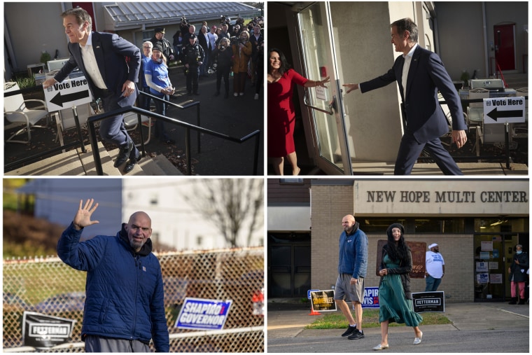 Republican Senate candidate Mehmet Oz and Democratic Senate candidate John Fetterman arrive to cast their ballots.