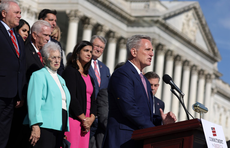 Image: Rep. Kevin McCarthy (R-CA) speaks as other House Republicans listen during a news conference at the East Steps of the Capitol.