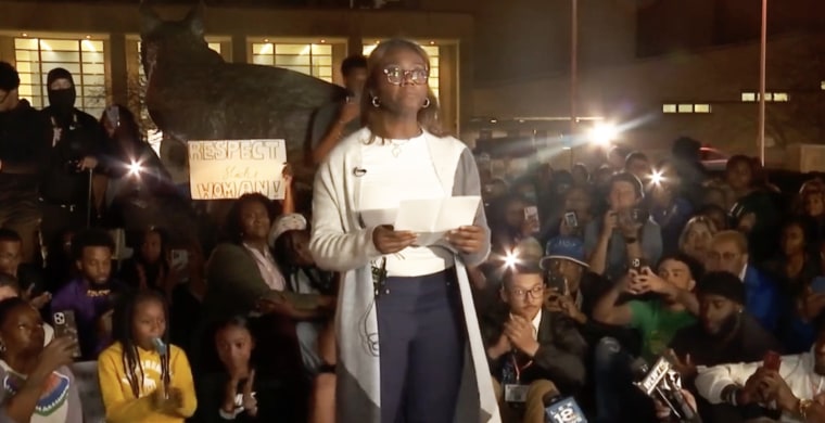 University of Kentucky student Kylah Spring speaks at a rally following a racist assault on another Black student and her, captured on video on Nov. 6, 2022.