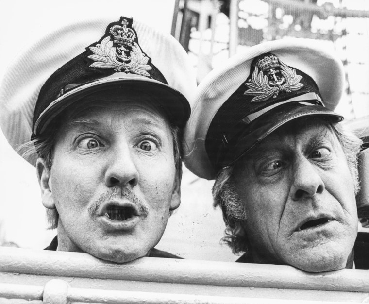 Image:  Leslie Phillips  and Jon Pertwee  promote their BBC radio show 'Navy Lark', at Tower Bridge, London on March 26, 1969.