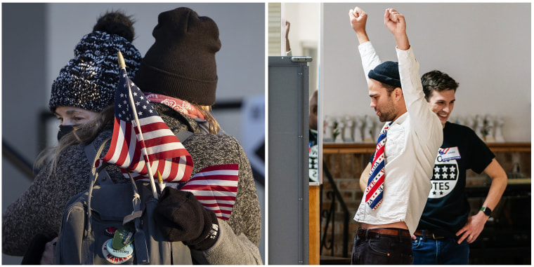 After volunteering for the Pennsylvania Democratic Party for months, Naomi Roth, right, and Mira Yardumian embrace before the polls open at the Bryn Athyn Borough Hall polling station. A voter raises his hands in the air after casting his ballot at a polling location in Atlanta.