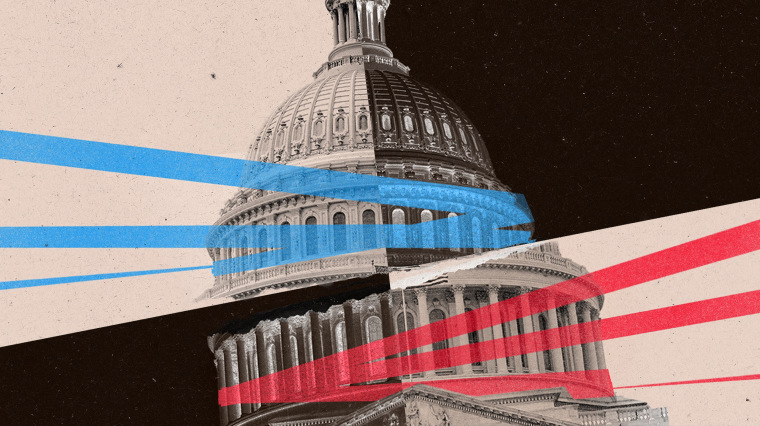 Collage illustration of the capitol building being pulled apart in opposing directions by blue and red ribbons, respectively.