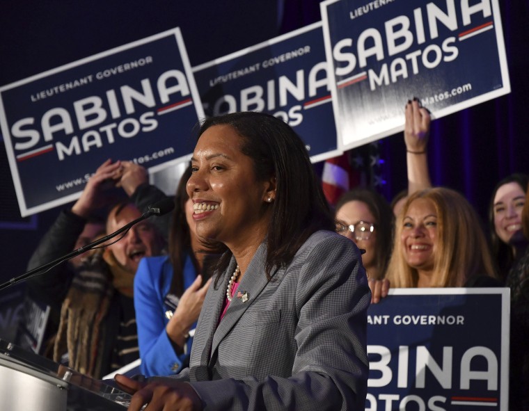 Sabina Matos gives her victory speech during an election night gathering in Providence, R.I., on Nov. 8, 2022.