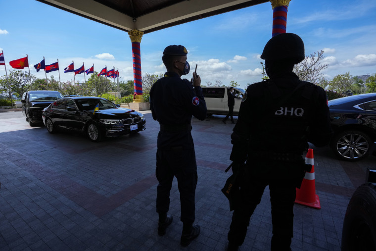 Security personnel guard the venue for the ASEAN summit in Phnom Penh, Cambodia on Nov. 9, 2022. 