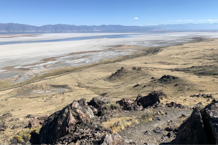 Water levels on the Great Salt Lake have retreated away from what was once the shoreline, leaving acres of exposed playa. The crusty lake bed surface, seen here from Antelope Island, is breaking down in some areas and blowing away. The playa is a source of dust that could worsen air pollution.