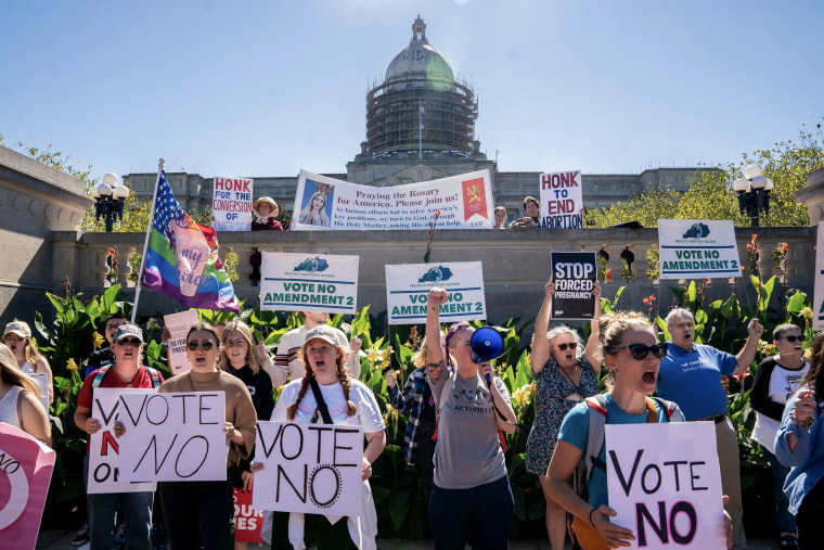 Image: Anti-abortion activists rally in front of the Kentucky State Capitol in Frankfort, Ky. on October 1, 2022. 