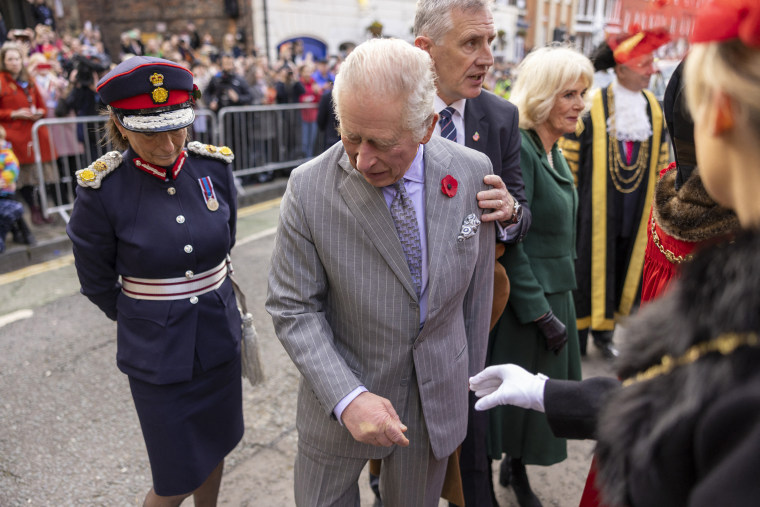 Britain's King Charles III reacts after an egg was thrown in his direction in York, England on Wednesday.