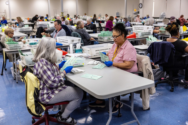 Election workers sort ballots at the Maricopa County Tabulation and Election Center in Phoenix on Nov. 9, 2022.