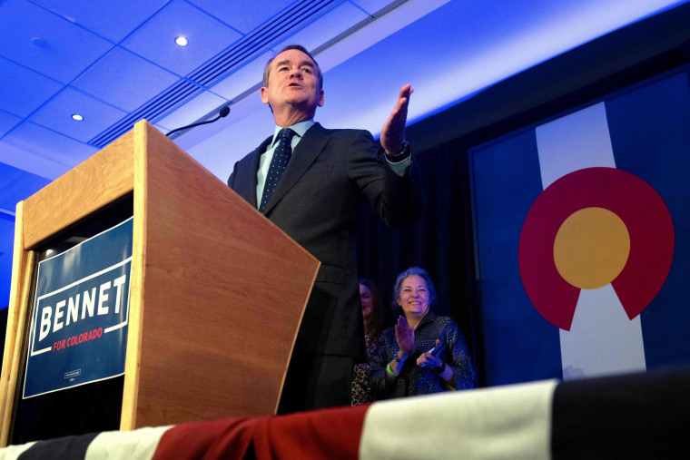 Democratic Sen. Michael Bennett celebrates his victory in Denver, Colorado on Tuesday. 