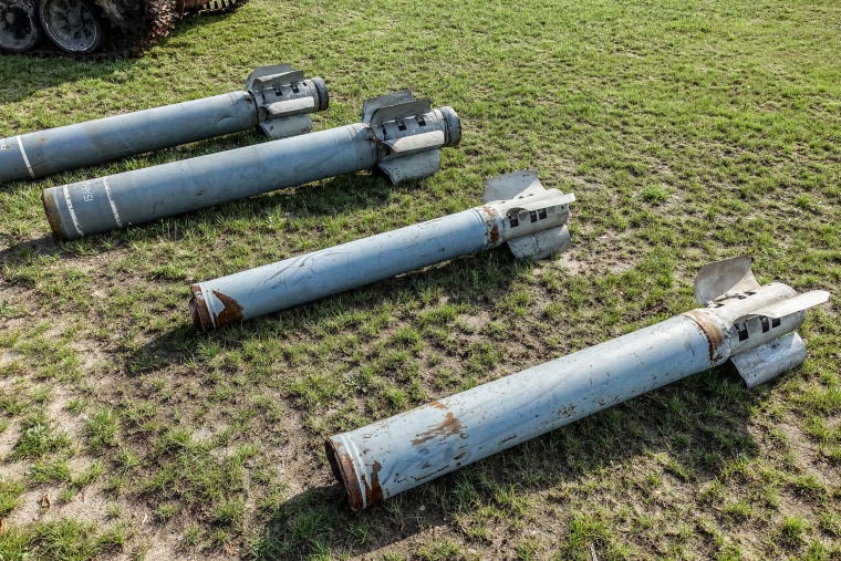 Wrecks of Russian artillery destroyed by the Ukrainian armed forces during the Russian war with Ukraine are displayed in exhibition in Gdansk, Poland, on Aug. 23, 2022.