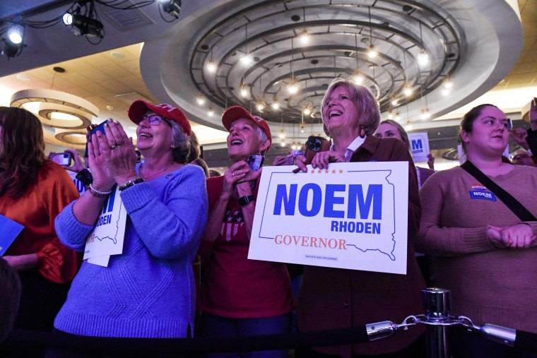 Supporters cheer for Gov. Kristi Noem after she wins re-election on November 8, 2022 in Sioux Falls, South Dakota. 