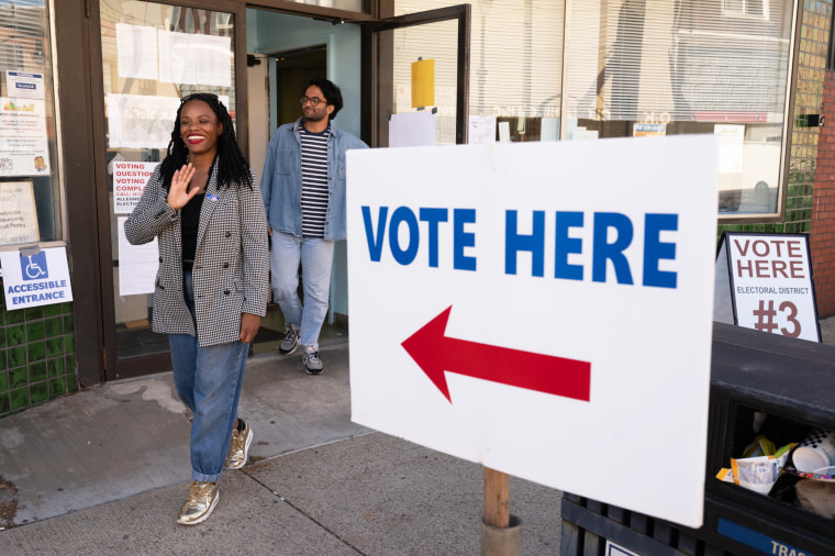 Then-Pennsylvania Congressional candidate Summer Lee leaves a polling location after voting