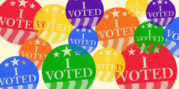 Photo Illustration: A collage of rainbow-colored "I VOTED" stickers