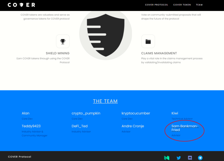 Bankman-Fried was listed as an advisor for a crypto token called Cover Protocol