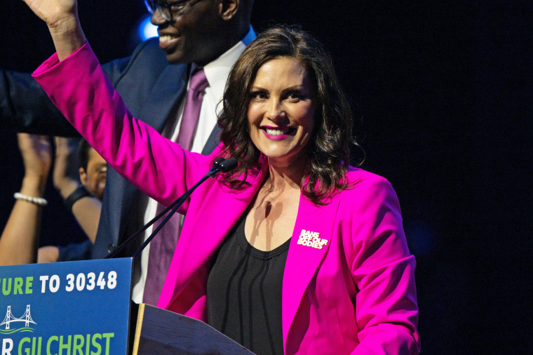 Gov. Gretchen Whitmer celebrates her re-election during a watch party