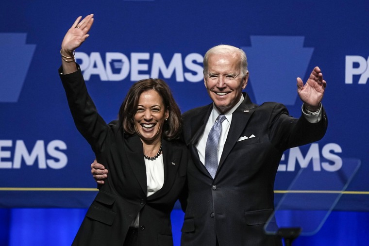 Image: President Joe Biden waves with Vice President Kamala Harris at the Pennsylvania Democratic Party's 3rd Annual Independence Dinner in Philadelphia on Oct. 28, 2022. 