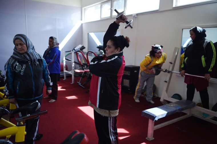 The Afghan national powerlifting team train at a women's gym in Kabul in 2018. 
