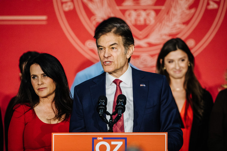 Mehmet Oz, Republican Senate candidate for Pennsylvania, speaks during an election night rally in Newtown, Pa., on Nov. 8, 2022. 