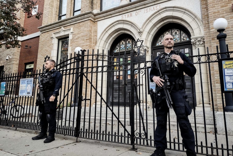 Image: Hoboken Police officers stand watch outside the United Synagogue of Hoboken on Nov. 3, 2022, in Hoboken, N.J. 