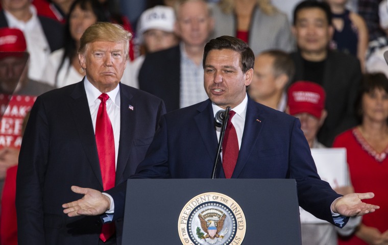 Ron DeSantis and Donald Trump at a campaign rally in Pensacola, Fla, on Nov. 3, 2018.