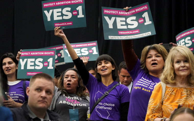 Image: Supporters of California's Proposition 1 hold a rally in Lond Beach on Nov. 6, 2022. Californians voted to pass Proposition 1, a constitutional amendment that protects abortion and contraception rights, on Tuesday.
