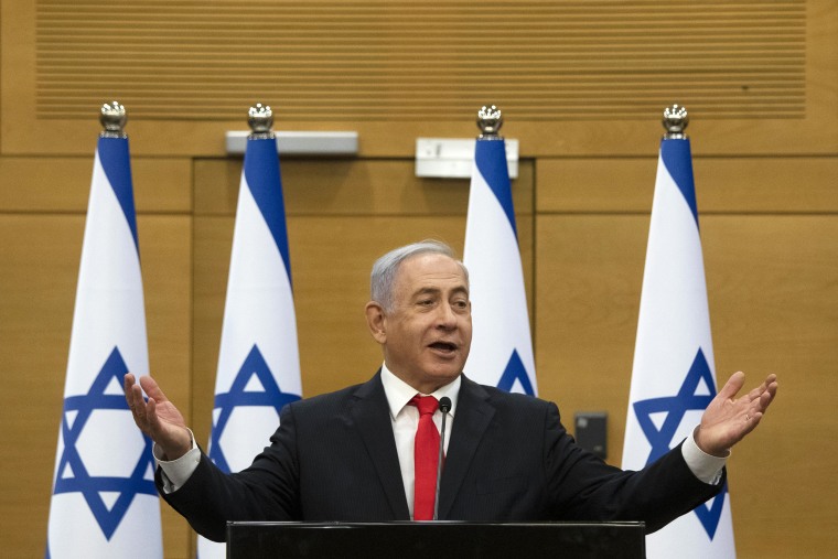 Benjamin Netanyahu speaks at the Knesset, Israel's parliament, in Jerusalem on June 14, 2021. 