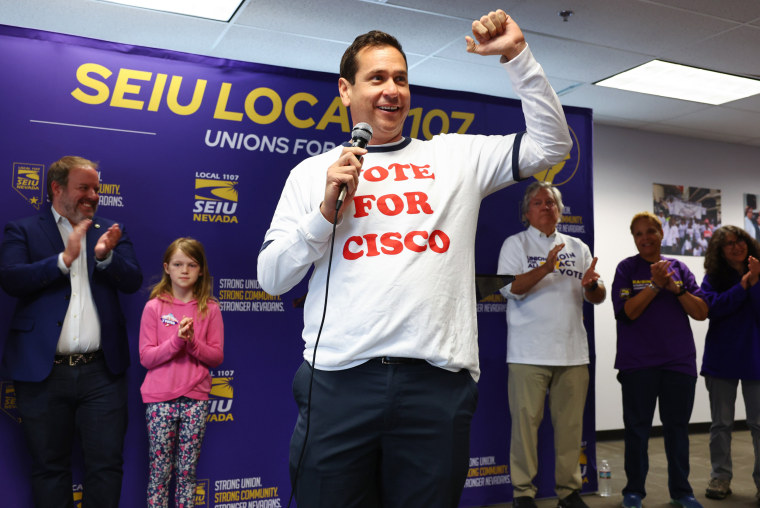 Cisco Aguilar, Democratic candidate for Nevada Secretary of State, speaks at an SEIU union worker election day rally on Nov. 8, 2022 in Las Vegas.