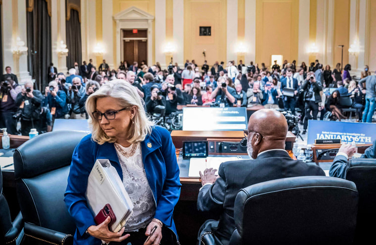 Image: Committee Vice Chair Liz Cheney leaves during a break in the hearing to Investigate the January 6 Attack on the U.S. Capitol, on Capitol Hill on Oct. 13, 2022. 