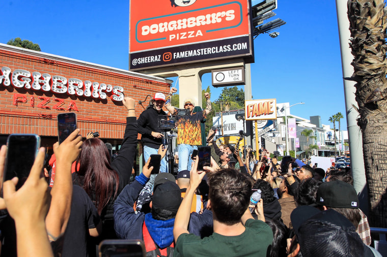 David Dobrik outside his pizza place Doughbrik's Pizza on Nov. 12, 2022, in Los Angeles.