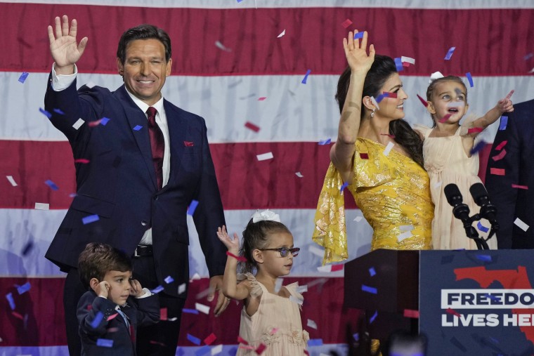 Florida Gov. Ron DeSantis, his wife, Casey, and their children at an election night party on Nov. 8, 2022.
