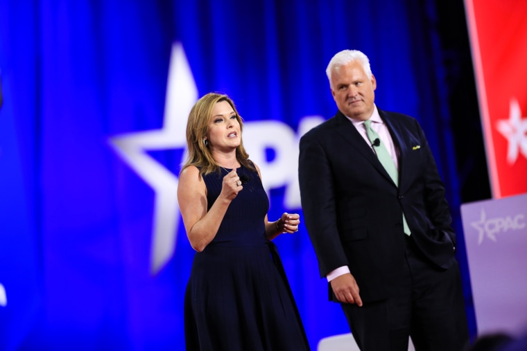 Mercedes Schlapp speaks alongside her husband Matt Schlapp at CPAC in Dallas on Aug. 4, 2022.