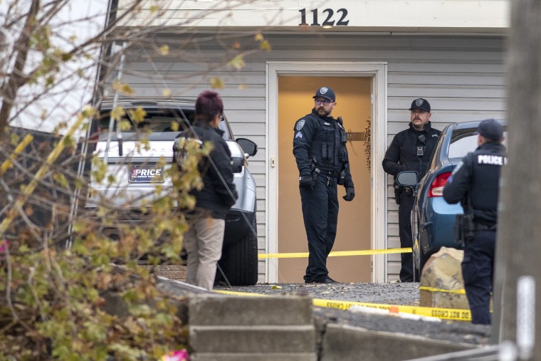 Officers investigate a homicide at an apartment complex south of the University of Idaho campus on Sunday, November 13, 2022.