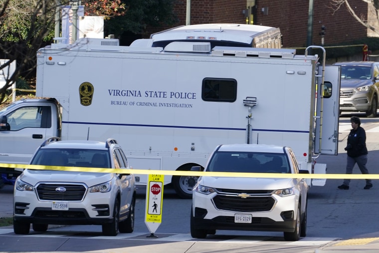 A Virginia State Police crime scene investigation truck on the scene of an overnight shooting at the University of Virginia, Monday, Nov. 14, 2022, in Charlottesville. Va. 