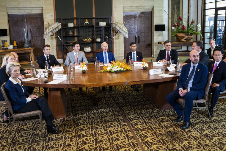 From left, President of the European Commission Ursula von der Leyen, Italian Prime Minister Giorgia Meloni, German Chancellor Olaf Scholz, French President Emmanuel Macron, Canadian Prime Minister Justin Trudeau, U.S. President Joe Biden, British Prime Minister Rishi Sunak, Spanish Prime Minister Pedro Sanchez, Netherlands Prime Minister Mark Rutte, Japanese Prime Minister Fumio Kishida and European Council President Charles Michel during a meeting of G7 and NATO leaders in Bali, Indonesia, Wednesday, Nov. 16, 2022. (Doug Mills/The New York Times via AP, Pool)