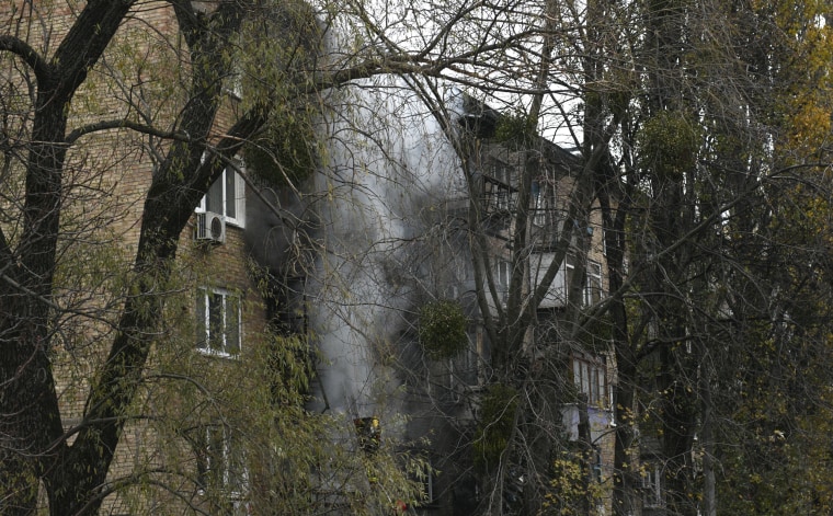 A damaged building seen at the scene of Russian shelling in Kyiv, Ukraine, on Nov. 15, 2022. 