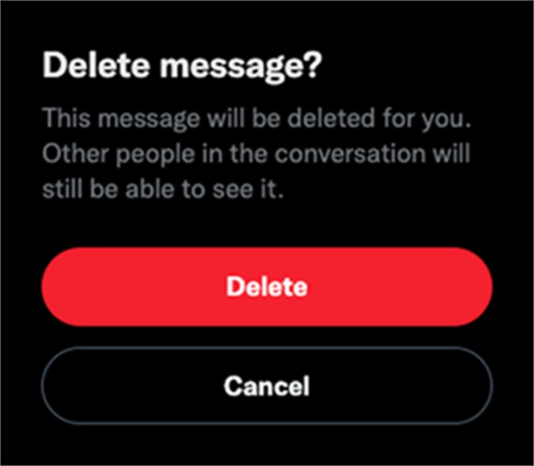 A screenshot of a warning Twitter shows when a user tries to delete a direct message.