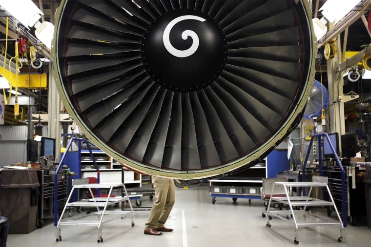A General Electric CF6-80C2 jet engine is assembled at the GE Aviation factory in Cincinnati, Ohio, U.S., on Wednesday, June 25, 2014. The Institute for Supply Management (ISM) is scheduled to release U.S. manufacturing figures on July 1.