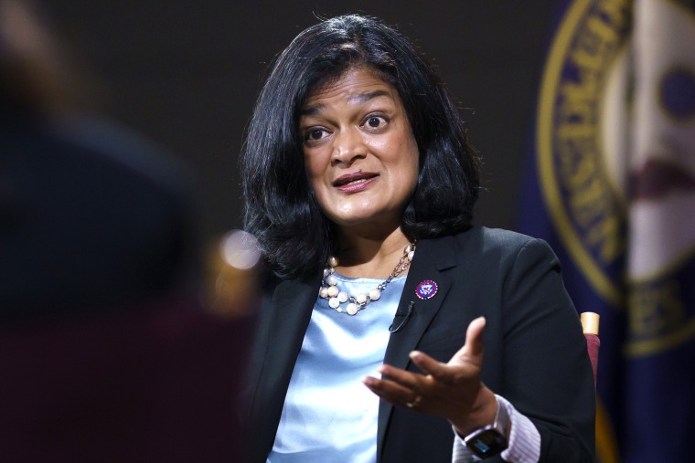 Rep. Pramila Jayapal, D-Wash., chair of the nearly 100-member Congressional Progressive Caucus, talks to The Associated Press about her goals as a champion of human rights issues, and President Joe Biden's domestic agenda, at the Capitol in Washington, Thursday, Oct. 7, 2021. Now in her third term, Jayapal represents Washington's 7th District and is the first South Asian-American woman elected to the House of Representatives.