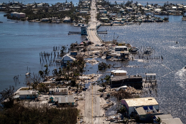 The only access to the Matlacha neighborhood destroyed in the aftermath of Hurricane Ian in Fort Myers, Fla., on Sept. 30, 2022.