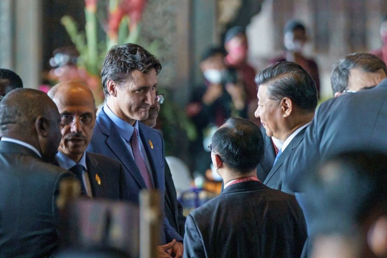Canadian Prime Minister Justin Trudeau with Chinese President Xi Jinping, right, as Trudeau at the G20 summit in Bali, Indonesia, 