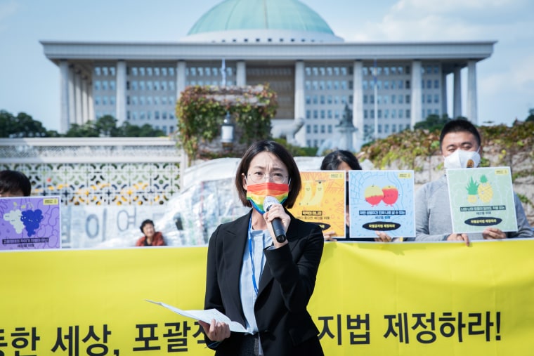 Rep. Jang Hye-yeong holds a press conference for the nondiscrimination bill outside the Korean National Assembly.